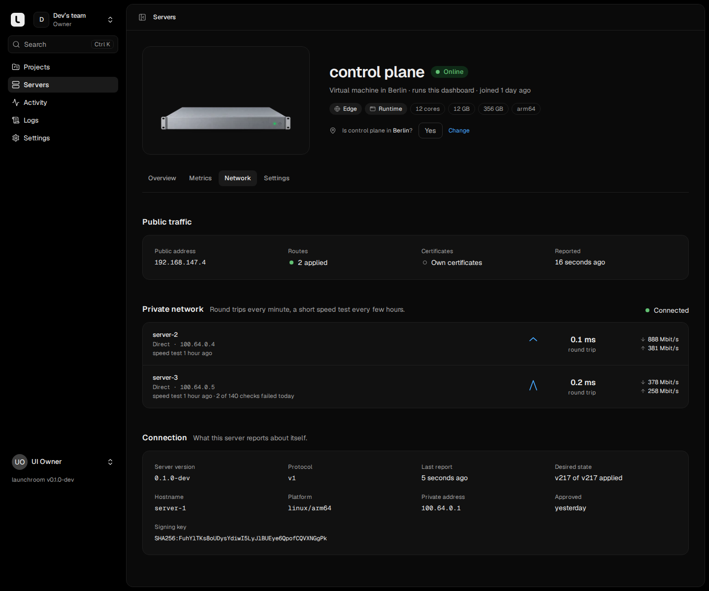 Network tab of control plane: public address and routes, private network links to server-2 and server-3 with round-trip times and measured bandwidth, and connection details.
