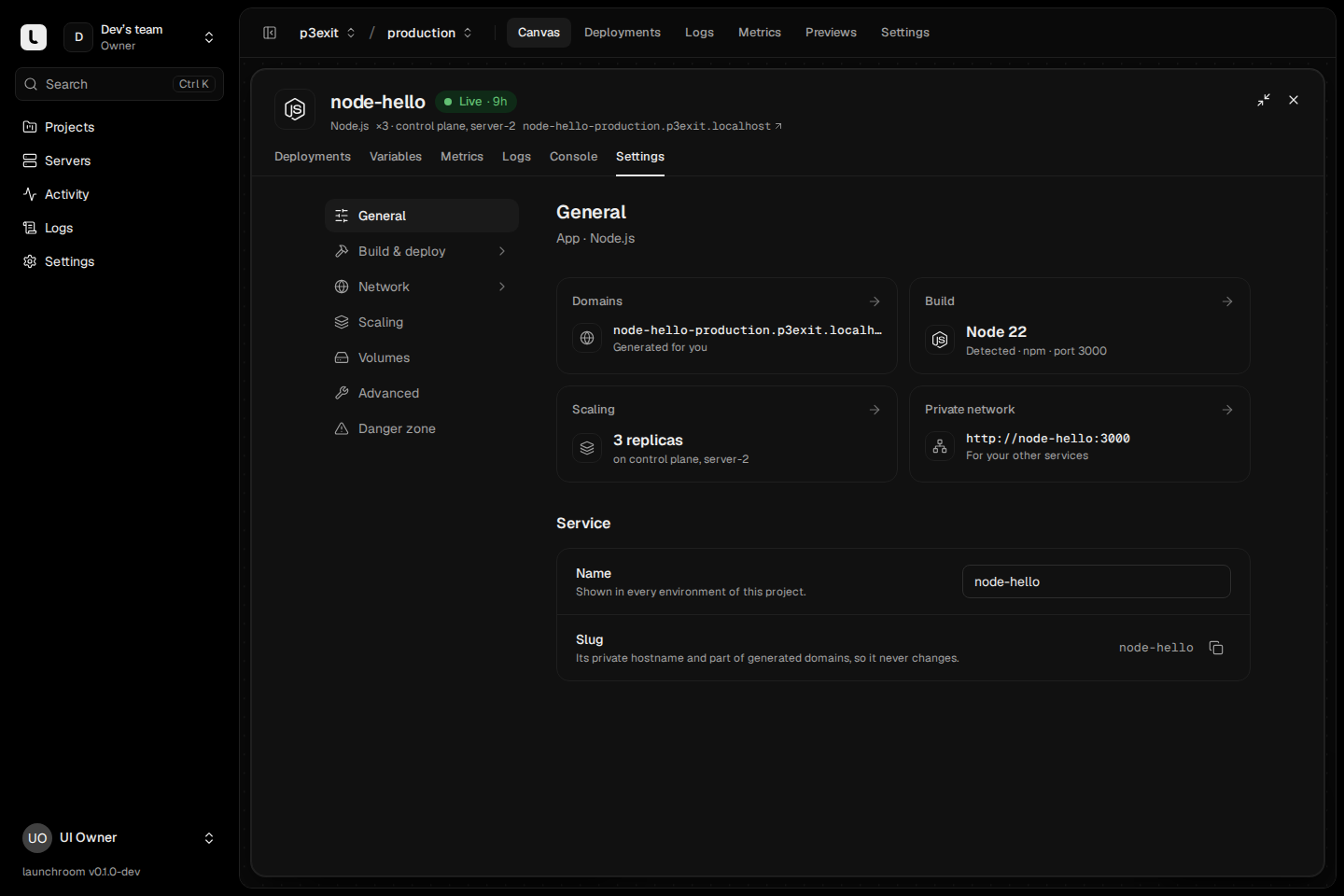 Expanded settings for the node-hello service: a General page with summary cards for domains, build (Node 22, port 3000), scaling (3 replicas on control plane and server-2) and private network address, plus name and slug fields.
