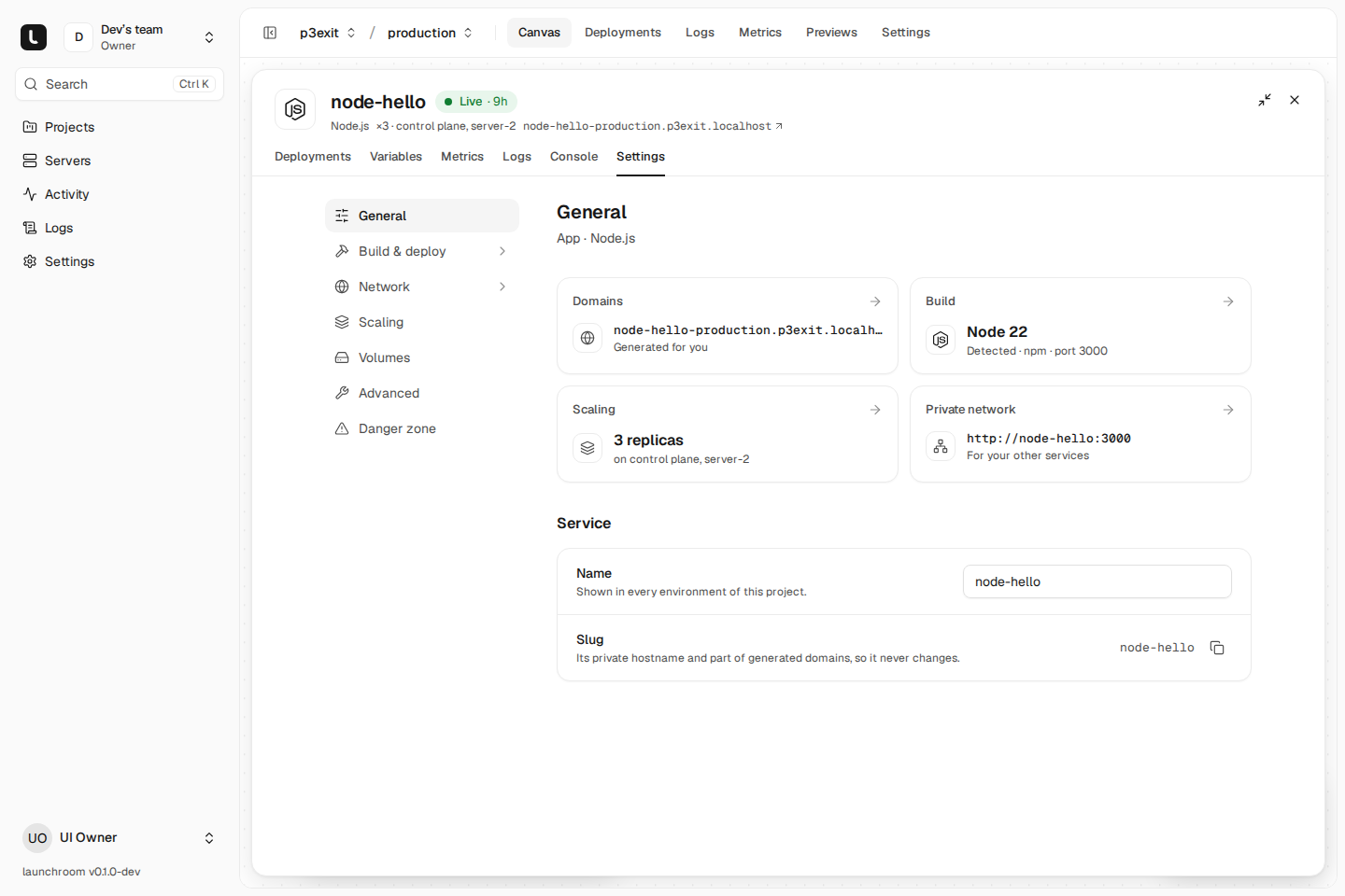 Expanded settings for the node-hello service: a General page with summary cards for domains, build (Node 22, port 3000), scaling (3 replicas on control plane and server-2) and private network address, plus name and slug fields.