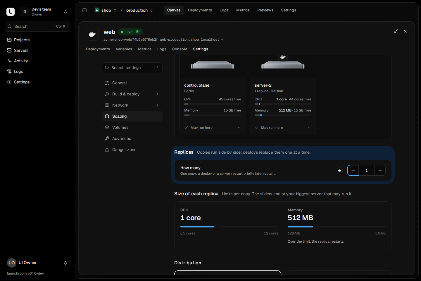 Scaling settings of the web service scrolled to the Replicas section, highlighted after a settings search, with server cards and CPU and memory sliders below.