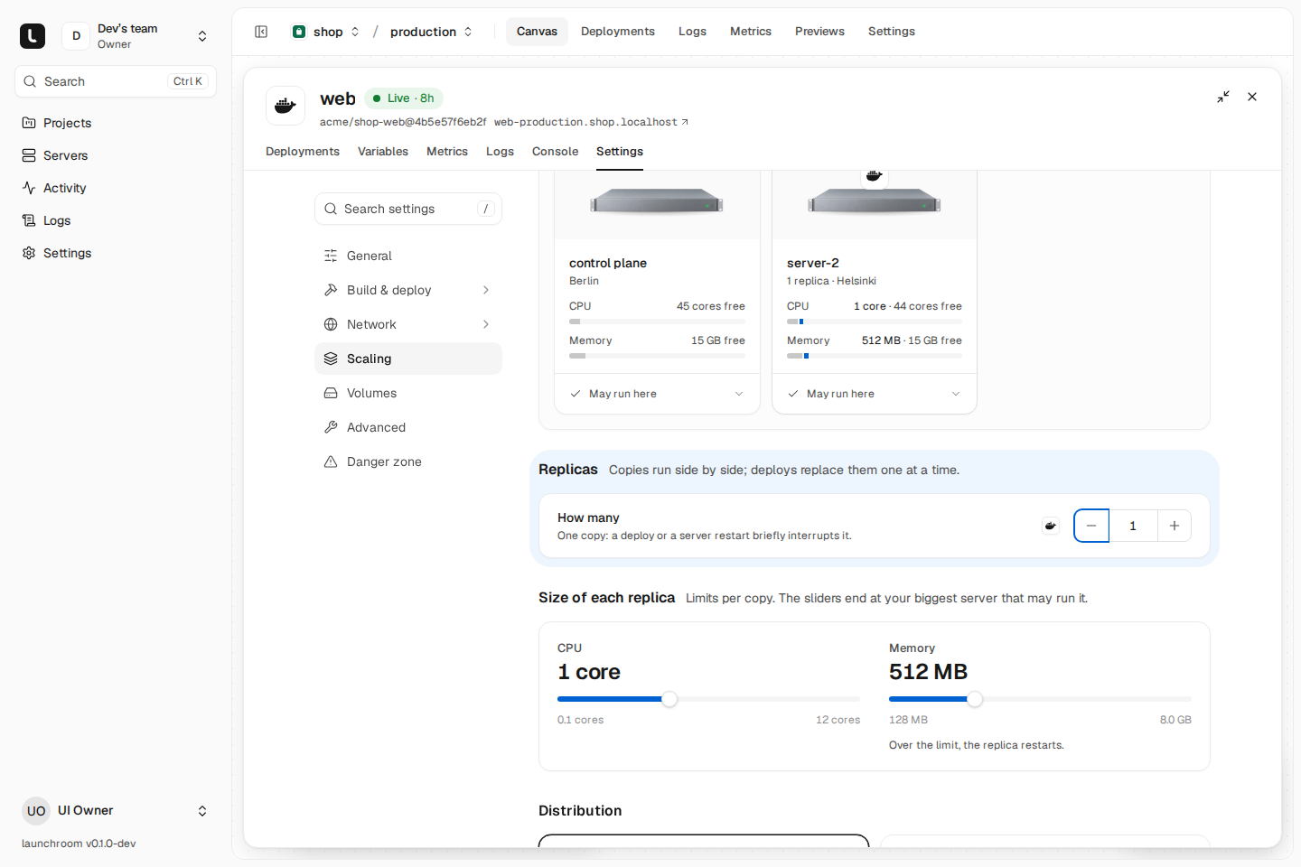 Scaling settings of the web service scrolled to the Replicas section, highlighted after a settings search, with server cards and CPU and memory sliders below.
