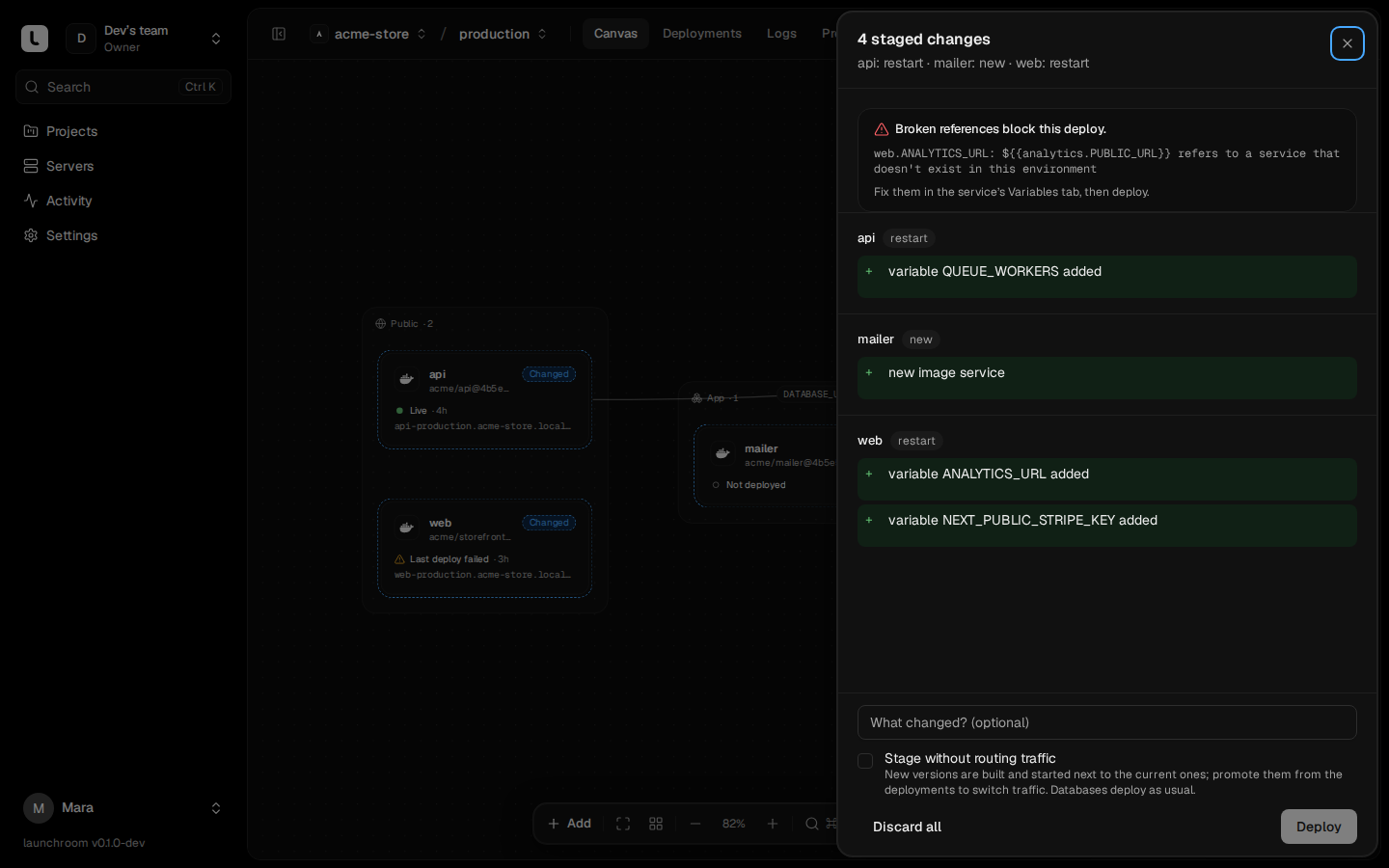 Staged changes sheet with 4 changes and a warning that a broken reference blocks the deploy: web.ANALYTICS_URL refers to a service that does not exist in this environment. Deploy is disabled.