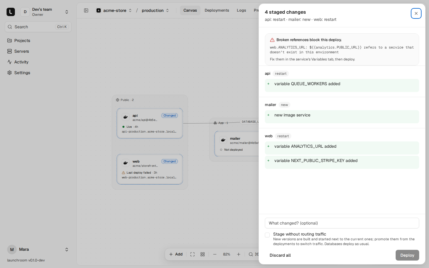 Staged changes sheet with 4 changes and a warning that a broken reference blocks the deploy: web.ANALYTICS_URL refers to a service that does not exist in this environment. Deploy is disabled.