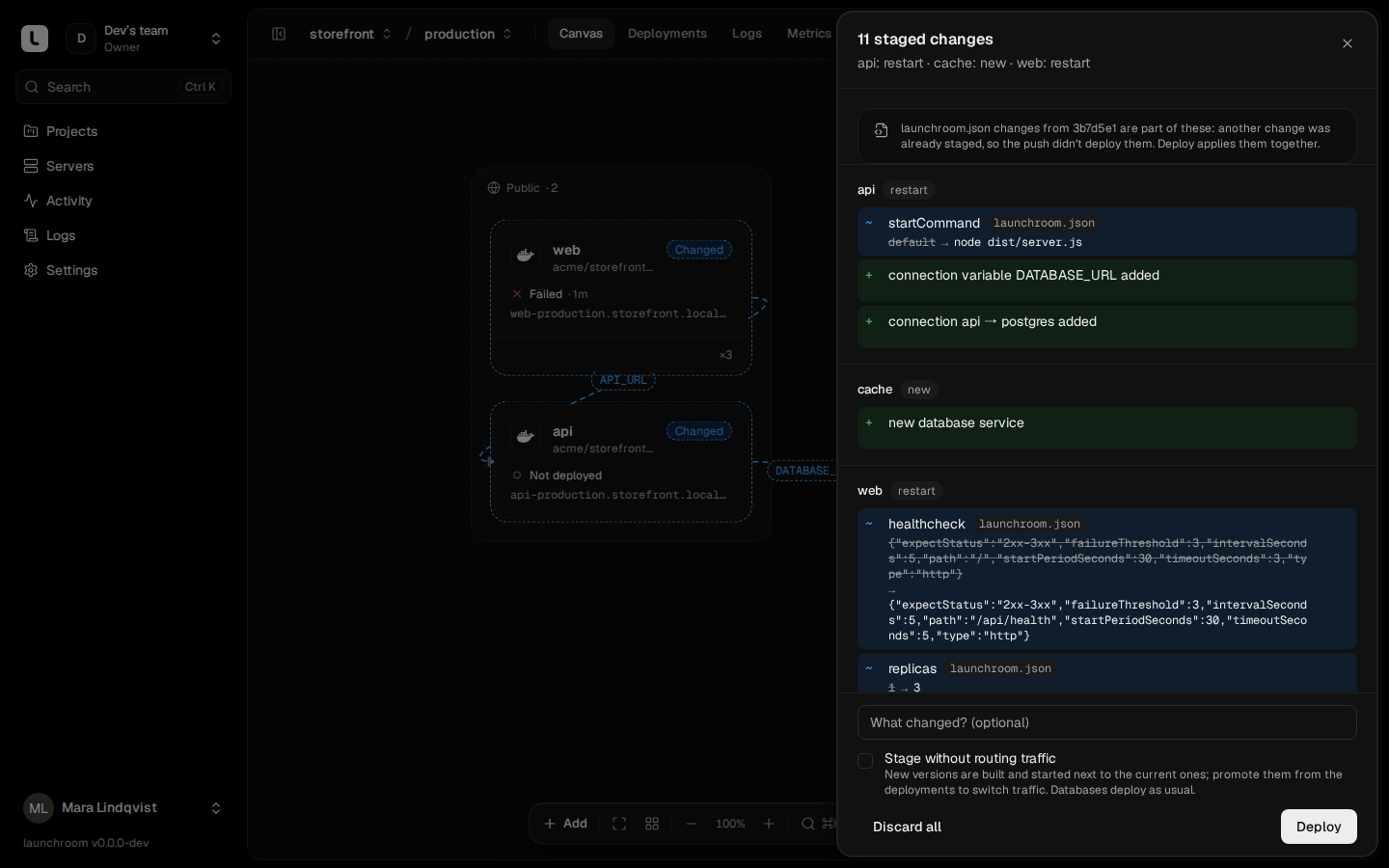 Staged changes sheet listing 11 changes across api, cache and web: a start command and healthcheck changed from launchroom.json, a new DATABASE_URL connection and a new cache database, with a message field, a stage-without-traffic option and a Deploy button.