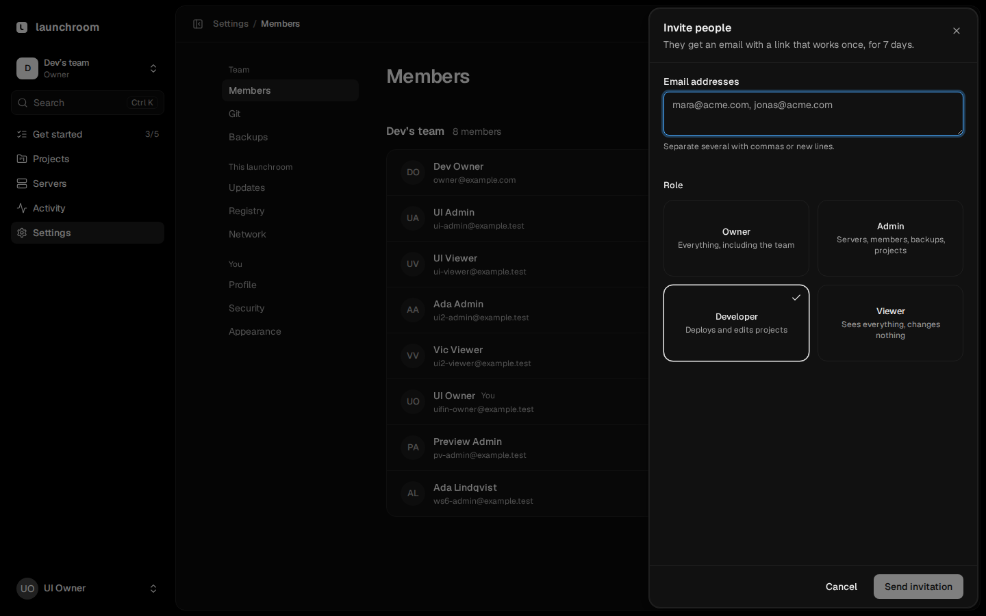 Members page with the Invite people sheet open: email addresses and role cards Owner, Admin, Developer and Viewer, Developer selected.