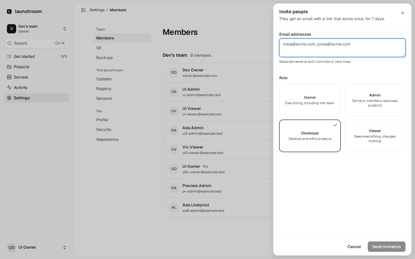 Members page with the Invite people sheet open: email addresses and role cards Owner, Admin, Developer and Viewer, Developer selected.
