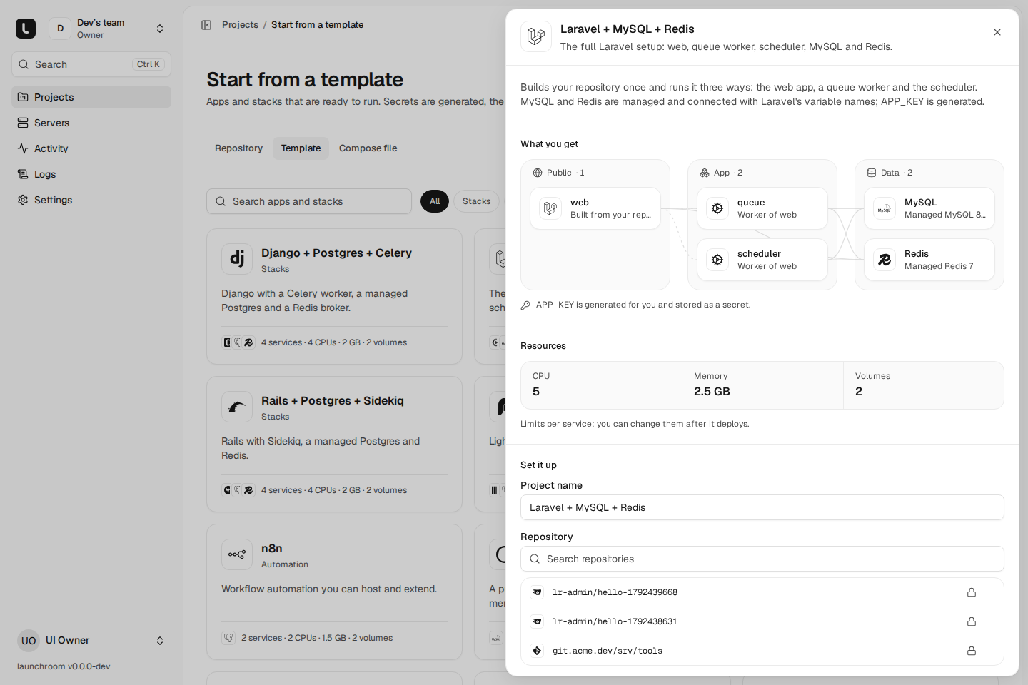 Laravel, MySQL and Redis template sheet: a diagram of web, queue and scheduler connected to MySQL and Redis, resource totals, and project name and repository fields.