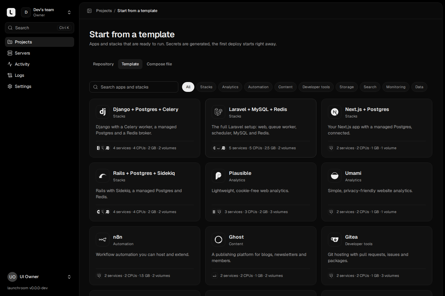 Start from a template: a searchable gallery with category filters and cards for Django, Laravel, Next.js and Rails stacks, Plausible, Umami, n8n, Ghost and Gitea, each with service count and resources.