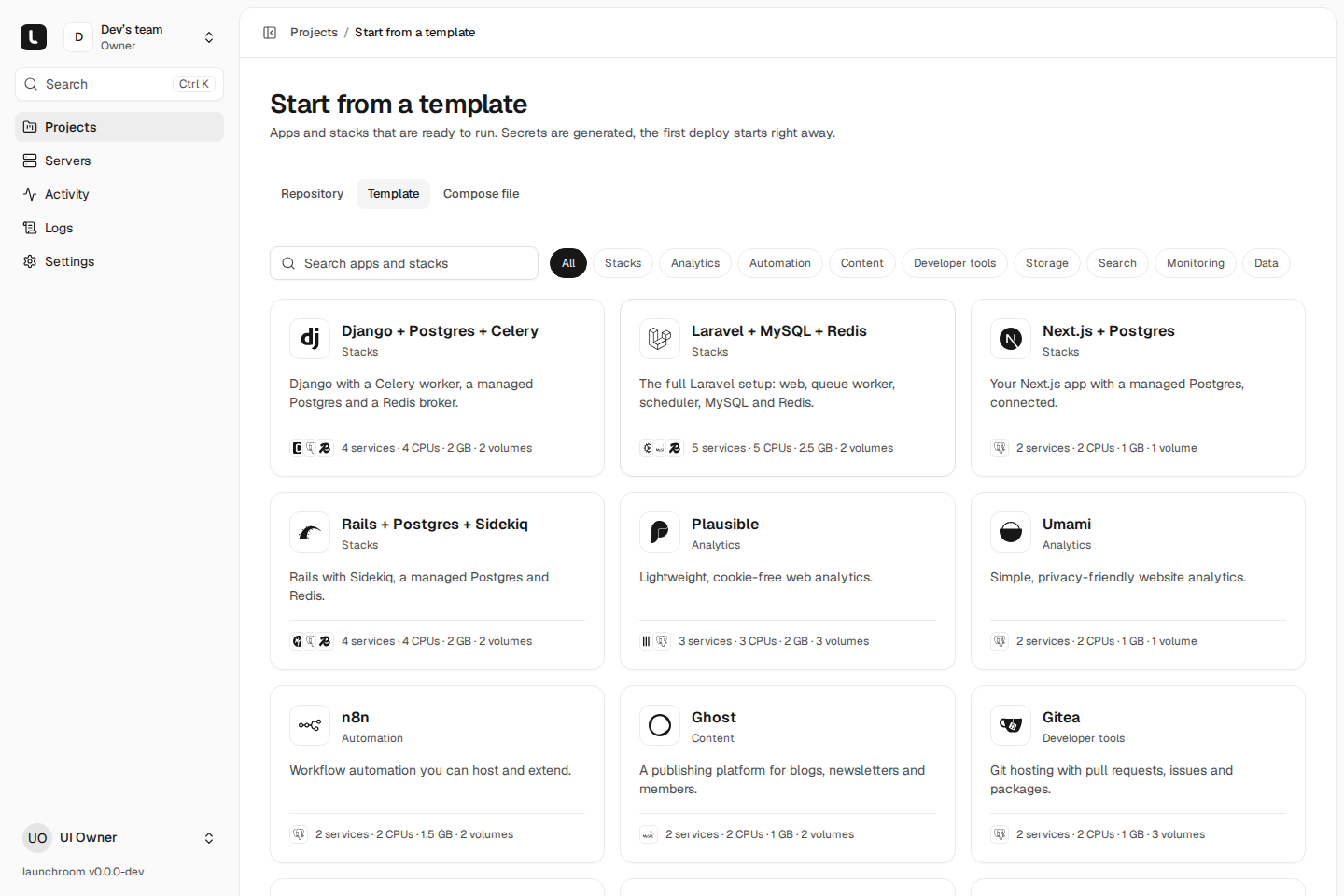 Start from a template: a searchable gallery with category filters and cards for Django, Laravel, Next.js and Rails stacks, Plausible, Umami, n8n, Ghost and Gitea, each with service count and resources.