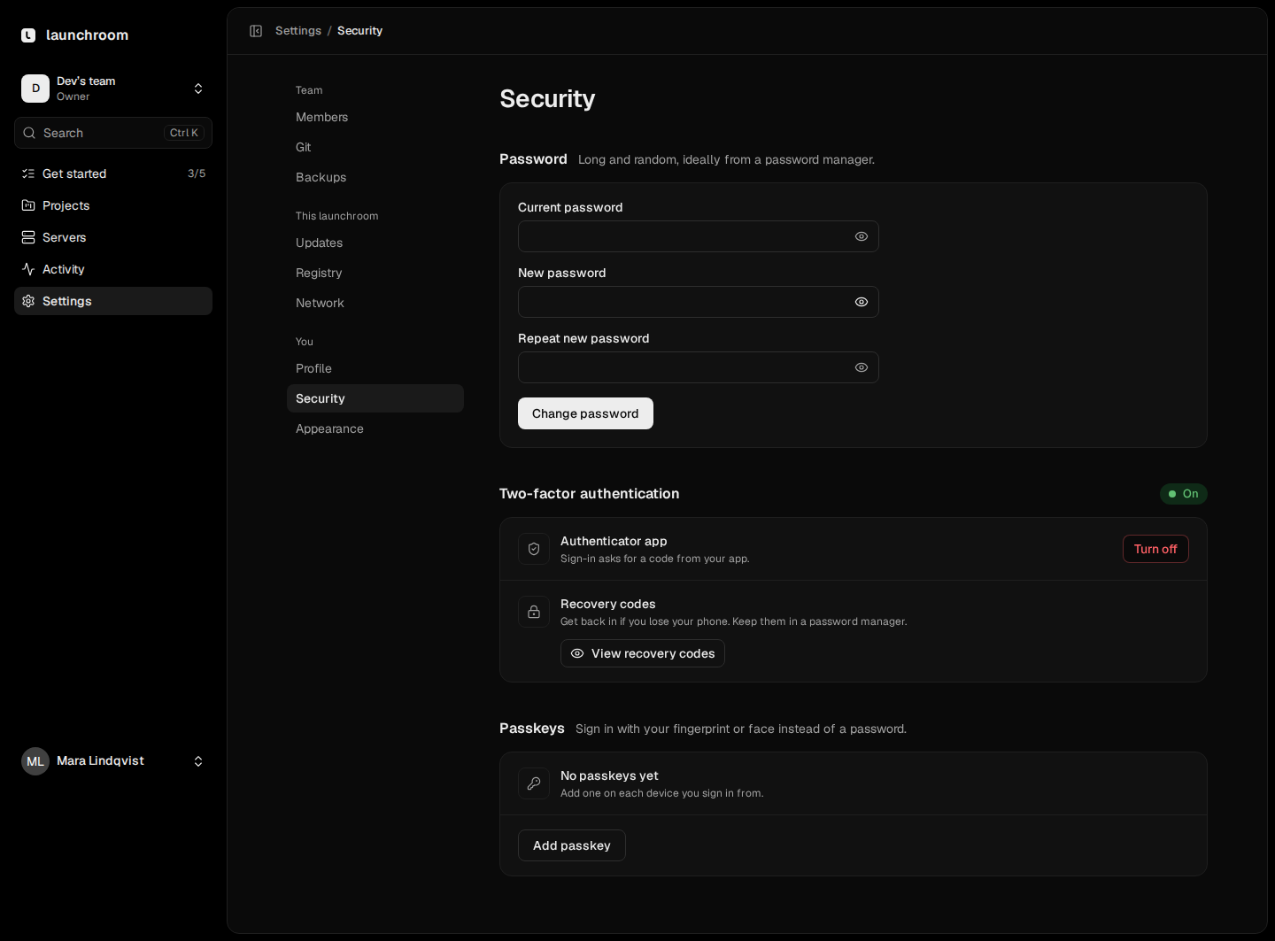 Account security settings: change password, two-factor authentication on with an authenticator app and recovery codes, and a Passkeys section with Add passkey.
