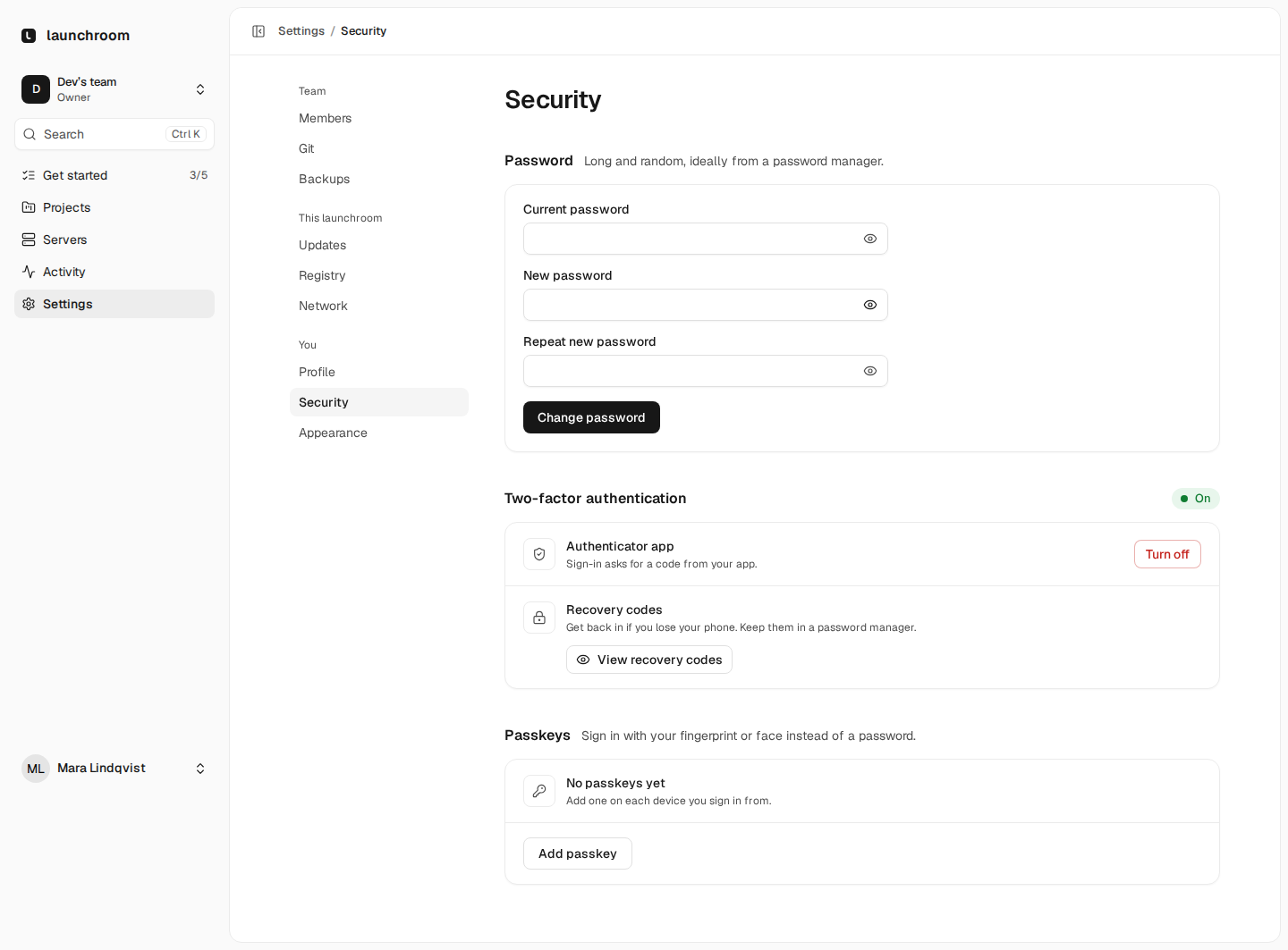 Account security settings: change password, two-factor authentication on with an authenticator app and recovery codes, and a Passkeys section with Add passkey.