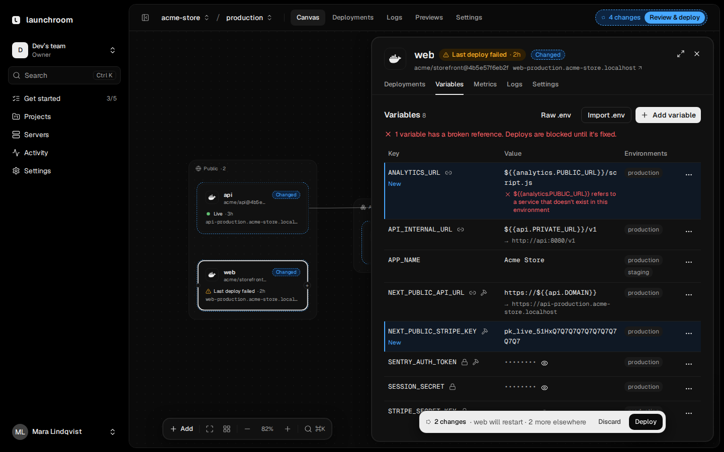 Variables tab of the web service: eight variables including references like ${{api.PRIVATE_URL}} resolved to their values, masked secrets with a lock icon, per-environment badges and a broken reference flagged in red.