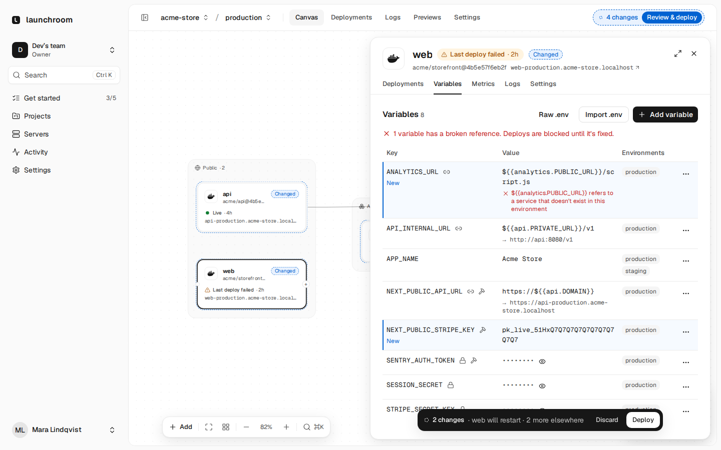 Variables tab of the web service: eight variables including references like ${{api.PRIVATE_URL}} resolved to their values, masked secrets with a lock icon, per-environment badges and a broken reference flagged in red.